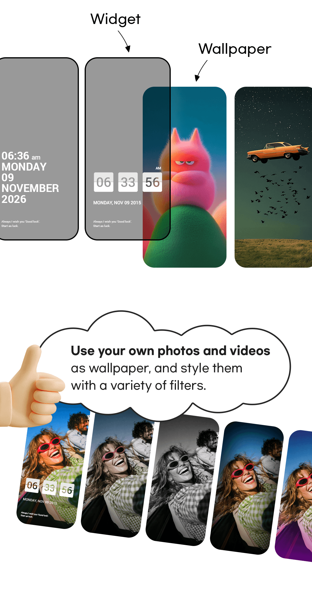 Example lock screen combining Good Lock wallpapers and widgets. You can also use your own photos and videos as wallpaper and style them with a variety of filters.